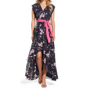 Eliza J Women’s 8 Floral Short Sleeve High-Low TieBelted Chiffon Wrap Midi Dress